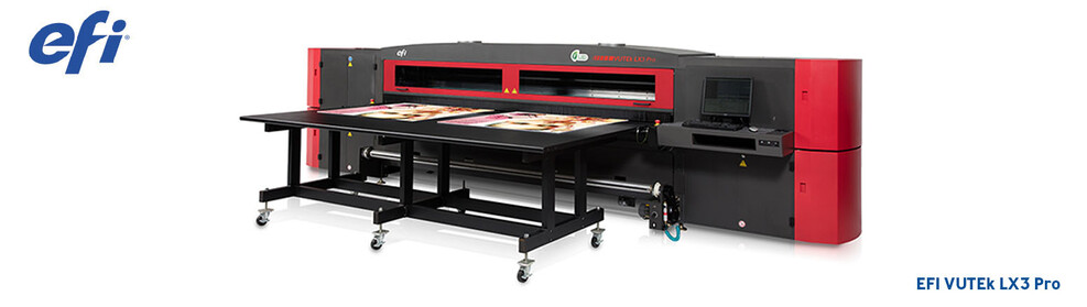 EFI VUTEk LX3 Pro, storformatsskrivare,hybrid, flatbädd, rulle till rulle, Marabu